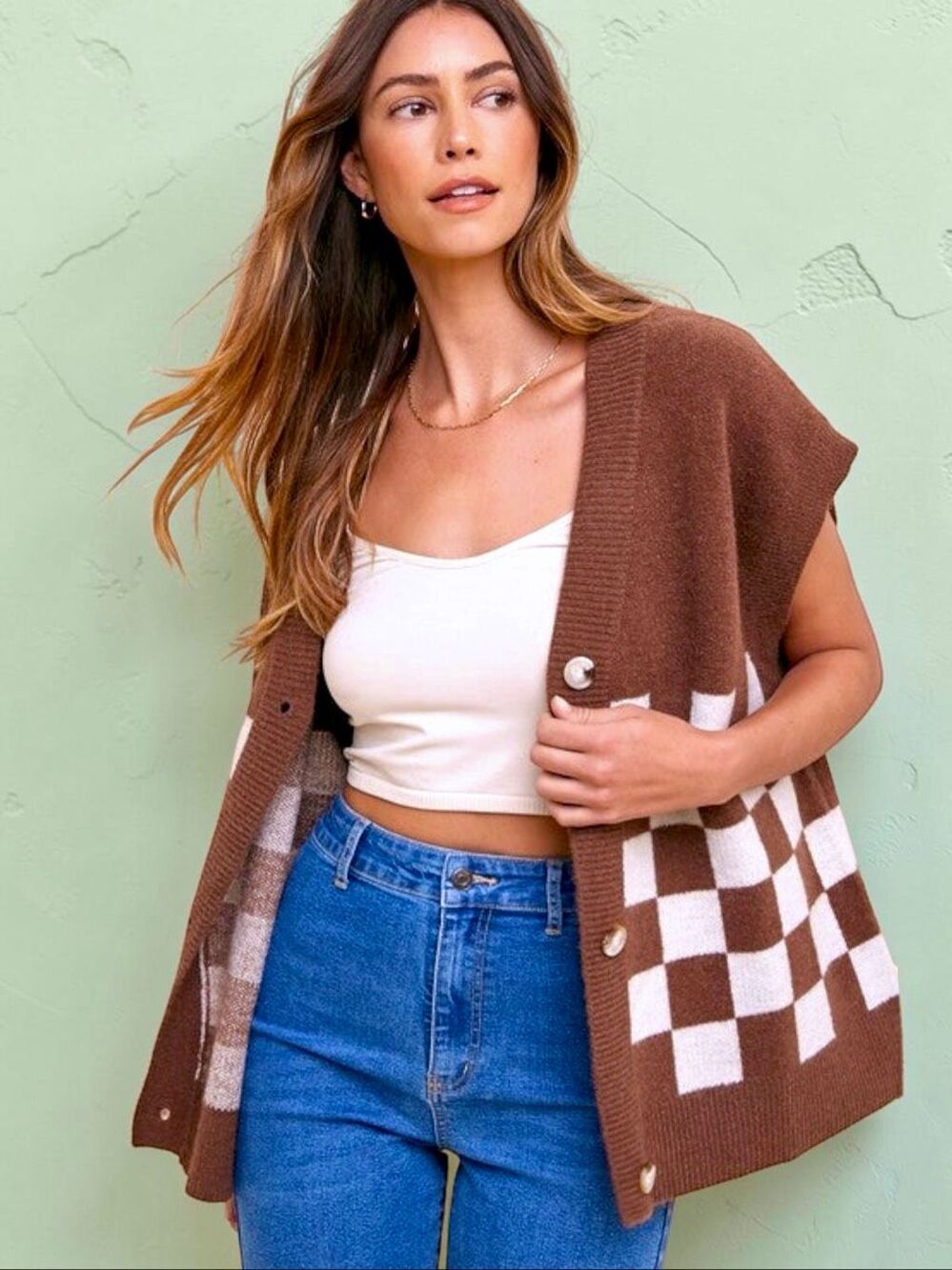 Annie Wear Brown Checkerboard Sweater Vest Button Front Knit Cardigan NEW - Picture 11 of 15